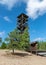 Traditional landscape of a wooden observation tower surrounded by pine trees in the forest, Rannametsa vaatetorn, PÃ¤rnu county,