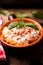 Traditional lasagne in a casserole dish