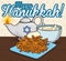 Traditional Latke and Sauce next to Oil Lamp for Hanukkah, Vector Illustration