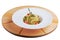 Traditional lenten spaghetti with shallot, tomato, rosemary and olives on wooden plate