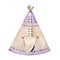 Traditional light brown tipi with wooden poles and cover, decorated with pastel purple triangle ornament.