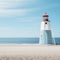 Traditional lighthouse with white ladder, on empty sand beach by the blue ocean. Calm coastal landscape. Generative AI