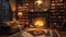 Traditional lounge: snug hearth, timber floor, soft rugs, shelf-lined books, inviting glow