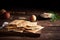 Traditional matzah bread on rustic wooden table with copy space. Ai generative