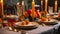 traditional meals on plates on festively set dining table with candles and marigold