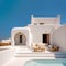 Traditional mediterranean house with white stucco wall with swimming pool. Summer vacation background. Created with generative Ai