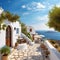 Traditional Mediterranean white house with terrace on hill with stunning view. Summer vacation background