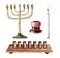 Traditional Menorah, Shabbat candlesticks for seven burning candles and white burning candle watercolor set on white