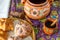 Traditional Mexican bread of the dead pan de muerto with coffe