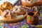 Traditional Mexican bread of the dead pan de muerto with coffe