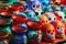 Traditional Mexican souvenirs. Multi-colored ceramic skulls and tableware in the gift shop. Symbol of the day of the dead.