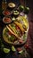 Traditional mexican tacos with beef and vegetables on dark rustic background