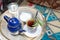 Traditional mint tea set on copper table, Cairo, Egypt