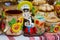 Traditional and modern style handmade ceramic clay souvenir bowls with handpainted humorous figures of Ukrainian kozaks