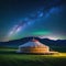 Traditional mongolian yurt at night under the milky way with mountains in the