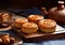 Traditional mooncakes pastry with tea on wooden table.Macro.AI Generative