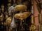 Traditional Moroccan lamps hanging in the door of a shop in the medina bazaar of Marrakesh.Morocco.