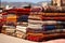 traditional moroccan rugs stacked at an outdoor market