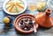 Traditional moroccan tajine of beef and prunes and almonds, close view.