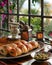 Traditional Moroccan Tea Setting with Fresh Pastries and Olives by the Window Overlooking a Lush Garden