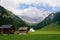 Traditional mountain huts and chapel Sankt Rochus in Nenzinger Himmel. Vorarlberg, Austria.