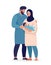 Traditional muslim family standing with newborn baby. Happy arab man hugs child and wife in hijab. Flat cartoon