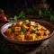 traditional national Indian food plate of freshly prepared Indian Paneer cheese curry with cilantro