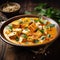 traditional national Indian food plate of freshly prepared Indian Paneer cheese curry with cilantro