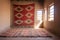 traditional navajo rug hung on an adobe wall