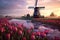 Traditional Netherlands Holland dutch scenery with windmill along a canal and tulips, Netherlands. AI Generative