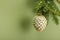 Traditional New Year composition. Festive decor, snowy Christmas tree branches, balls, flowers