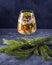 Traditional New Year Russian salad Winter or Olivie. Christmas food served in glass on dark background. Copy space for text, low