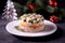 Traditional New Year`s Russian salad `Mushroom Glade` from boiled potatoes, carrots, eggs, smoked meat, soft cheese and marinated