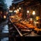 At a traditional night bazaar in Ayutthaya, The bazaar is illuminated with colorful lanterns and traditional Thai decorations