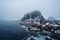 Traditional Norwegian fisherman`s cabins, rorbuer, island of Hamnoy, Reine .