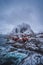 Traditional Norwegian fisherman`s cabins, rorbuer, island of Hamnoy, Reine .