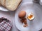 Traditional nutritious breakfast consisting of soft-boiled eggs with buttery bread