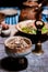 Traditional Okinawa cuisine food set in ceramic bowl