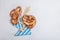 Traditional Oktoberfest Pretzels. German festival food concept. Trendy hard light, dark shadow