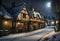 traditional old-fashioned english pub on a snow covered winter village street at night with a glowing moon