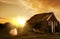 A traditional old house with a roof overgrown with grass and a tent on the beach. Iceland