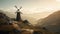 A traditional old stone wooden mill on a hillside against the backdrop of beautiful mountains and a vibrant sunset sky