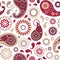 Traditional oriental paisley seamless pattern with motley buta motif and mehndi elements on white background. Colorful