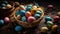 Traditional Orthodox Easter. Easter dotted eggs in basket on wooden background. Selective focus