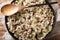 Traditional Orzotto perlotto with forest porcini mushrooms and thyme closeup on a plate. Horizontal top view