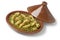 Traditional oval Moroccan tagine with meat, peas and fennel