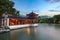 Traditional pavilion and promenade at dusk