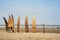 Traditional Peruvian small Reed Boats (Caballitos de Totora), straw boats still used by local fishermens in Peru