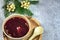 Traditional Polish soup made of red beetroot - red borsch - top view - copy space