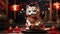 Traditional porcelain Chinese lucky cat sitting in a posture with one paw raised and body painted with vibrant colors